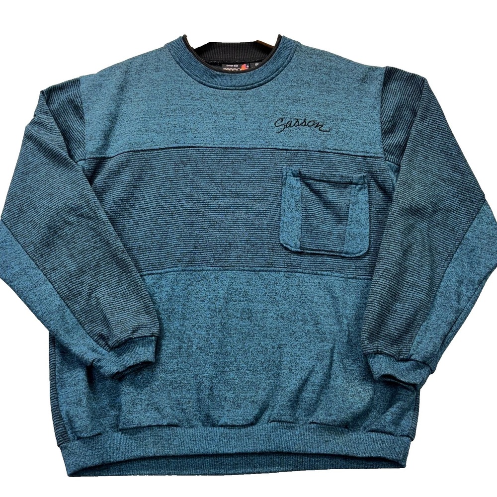 Vintage Sasson Sweatshirt Mens 2XL Teal‎ Crewneck Pocket Knit Made Taiwan 80s
